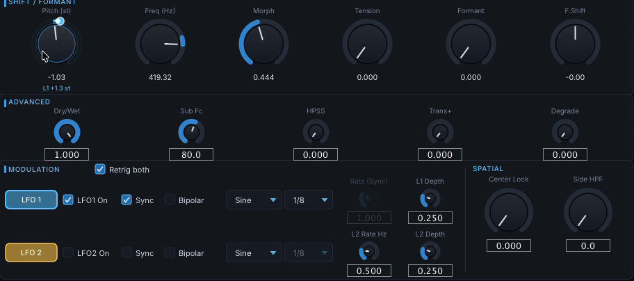 LFO 1 on Pitch, with sync, rate, and depth